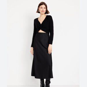 Old Navy Satin Midi Flowy Slip Skirt with Slit Shiny Black S